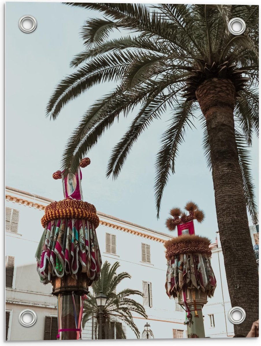 Tuinposter – Palmboom met Versierde Palen - 30x40cm Foto op Tuinposter (wanddecoratie voor