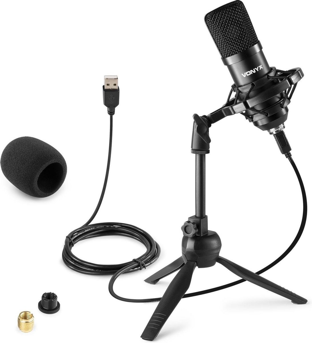 USB microfoon voor pc - Vonyx CM300B - USB studio microfoon incl. tafelstandaard - Zwart