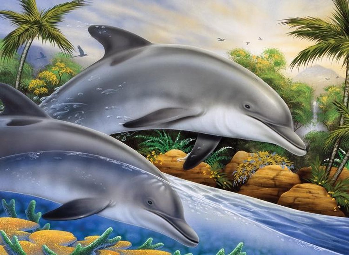 Schilderen op nummer - Paint by numbers - Dolfijnenpaar 28.6x39cm - Schilderen op nummer volwassenen - Paint by numbers volwassenen