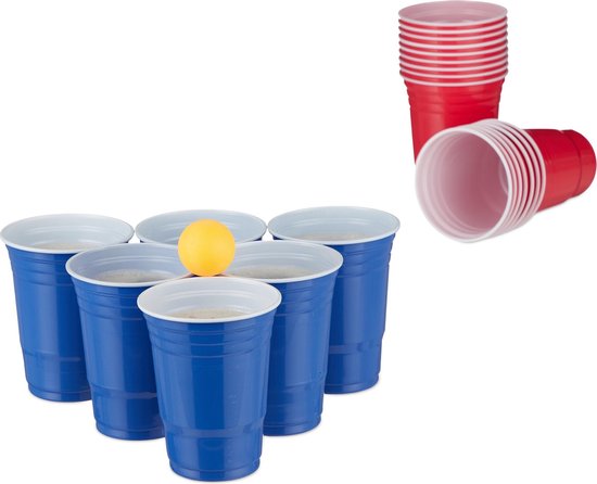 Beer Pong Set de table avec 100 gobelets (50 rouges et 50 bleues