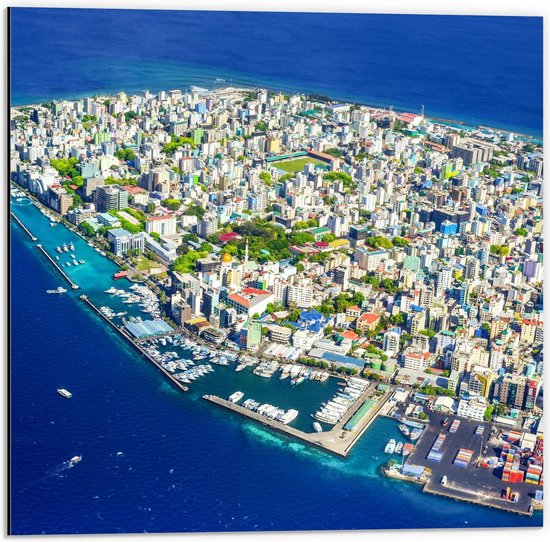 Dibond - Malediven Eiland van Boven - 50x50cm Foto op Aluminium (Met Ophangsysteem)