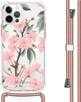 iMoshion Design hoesje met koord voor de iPhone 12, iPhone 12 Pro - Bloem - Roze / Groen