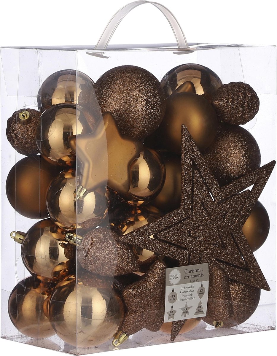 39x Kunststof kerstballen 8 cm met ster piek licht koper