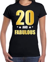 20 and fabulous verjaardag cadeau t-shirt / shirt - zwart - gouden en witte letters - voor dames - 20 jaar verjaardag kado shirt / outfit S