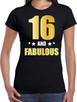 16 and fabulous verjaardag cadeau t-shirt / shirt - zwart - gouden en witte letters - voor dames - 16 jaar verjaardag kado shirt / outfit XS