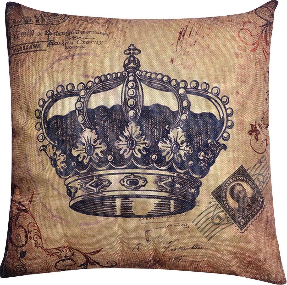 Clayre & Eef Sierkussen 43x43 cm Bruin Zwart Synthetisch Vierkant Kroon Kussenhoes met Kussenvulling