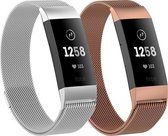 Milanees Smartwatch bandje - Geschikt voor  Fitbit Charge 3 Milanese banden - 2-pack - Zilver en Rosé goud - Maat: S - Horlogeband / Polsband / Armband