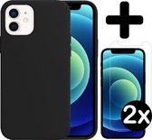 Hoes voor iPhone 12 Hoesje Siliconen Case Met 2x Screenprotector Tempered Glass - Hoes voor iPhone 12 Case Siliconen Hoesje Cover - Hoes voor iPhone 12 Hoes Hoesje - Zwart