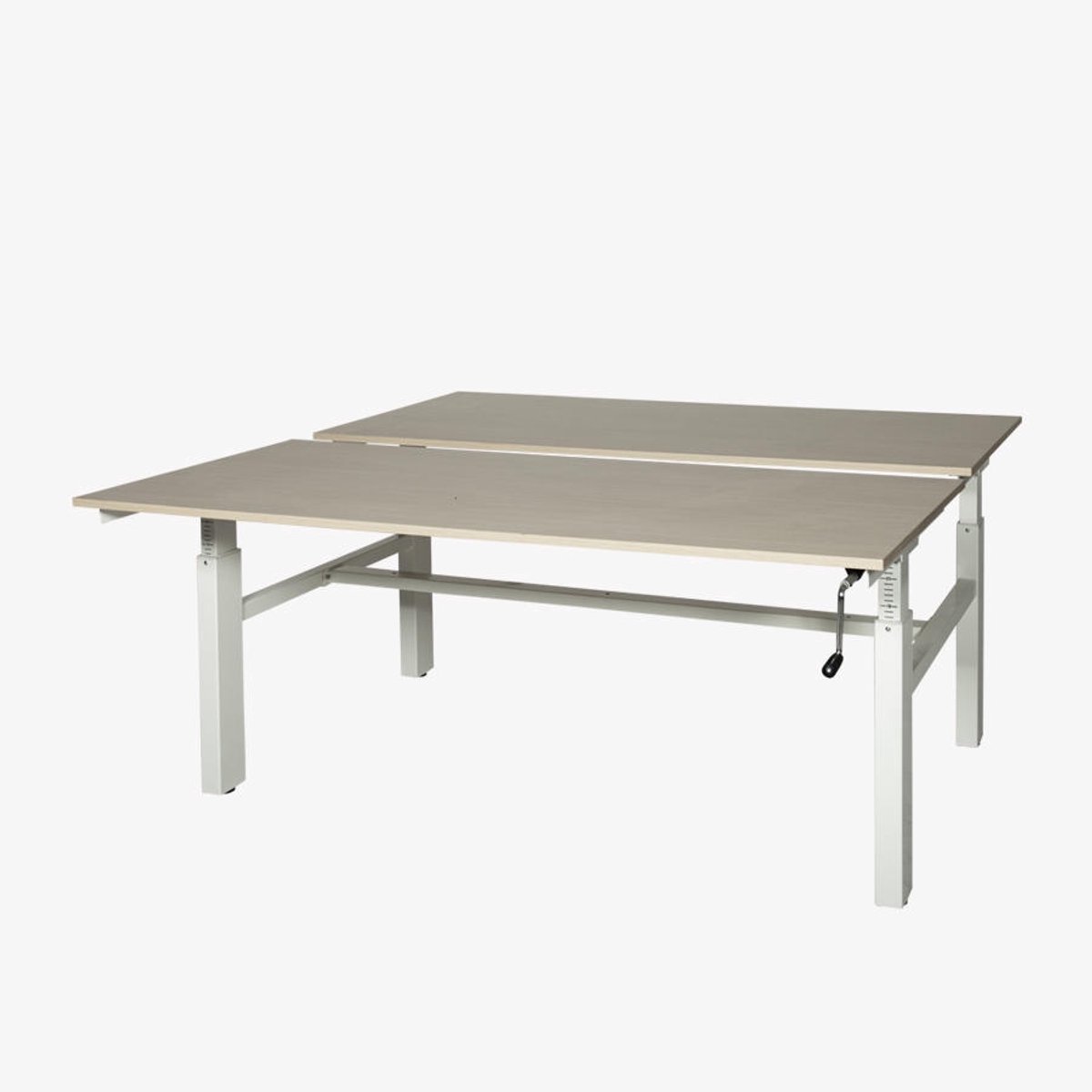 Romeo Duo werkplek, zit/zit hoogte verstelbaar dmv slinger (62-85cm) voorzien van 180x80/80cm logan eiken 25mm melamine bladen en wit H-poot frame