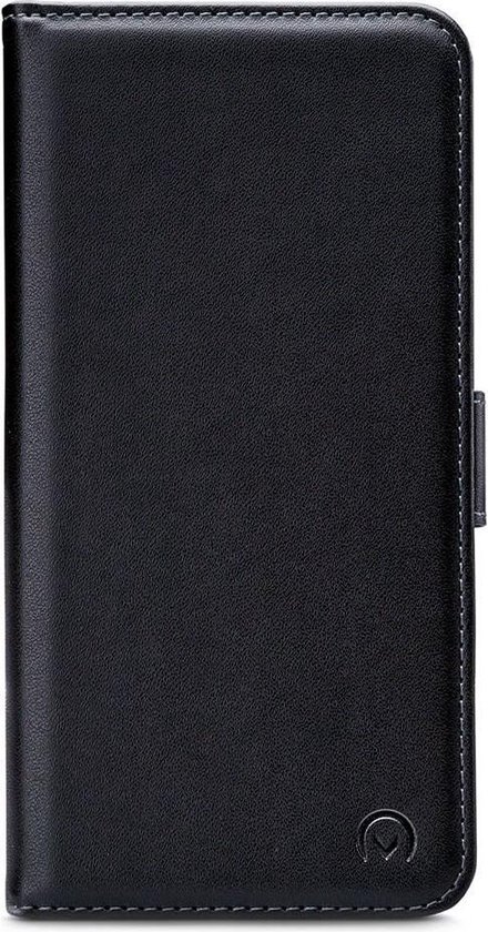 Étui portefeuille noir en cuir fermé avec rabat, coutures visibles.