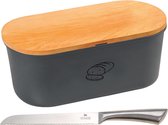 Corbeille à pain grise avec couvercle en planche à découper en bambou et couteau à pain en acier inoxydable 18 x 34 x 14 cm - Bac à pain avec couteau dentelé - Planches à Planches à découper