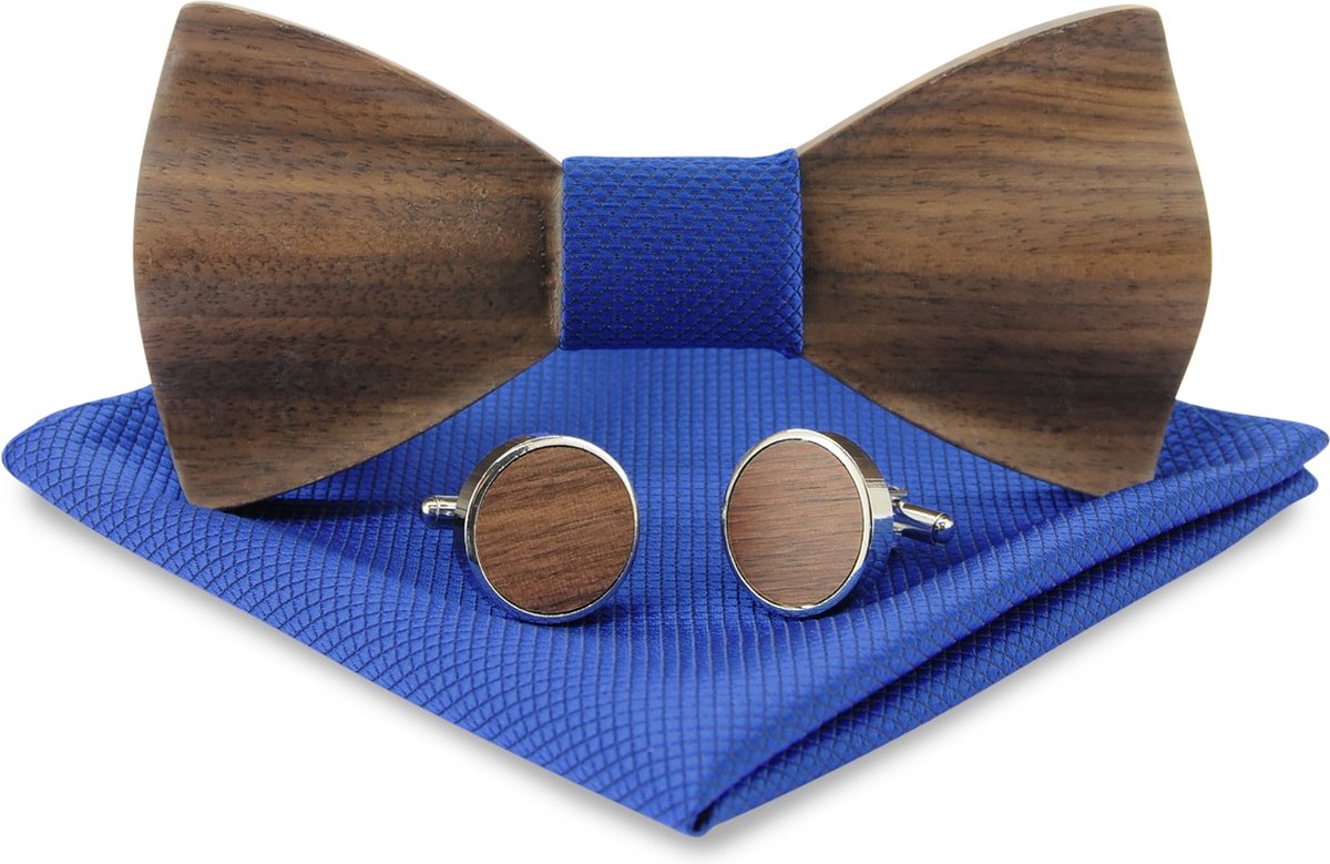 We Love Ties - Giftsets - Houten strik giftset Trendy kobaltblauw - bruin / kobaltblauw