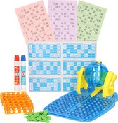 Bingo spel blauw/geel complete set nummers 1-90 met molen, 148x bingokaarten en 2x stiften - Bingospel - Bingo spellen - Bingomolen met bingokaarten en bingostiften - Bingo spelen