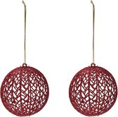 2x Rode glitter draad/rotan look kerstballen kunststof 9 cm - Kerstboomversiering rood