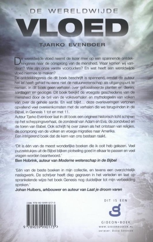 Achterkant boek 'De Wereldwijde Vloed'. Tekst met een grijze, rotsachtige achtergrond.