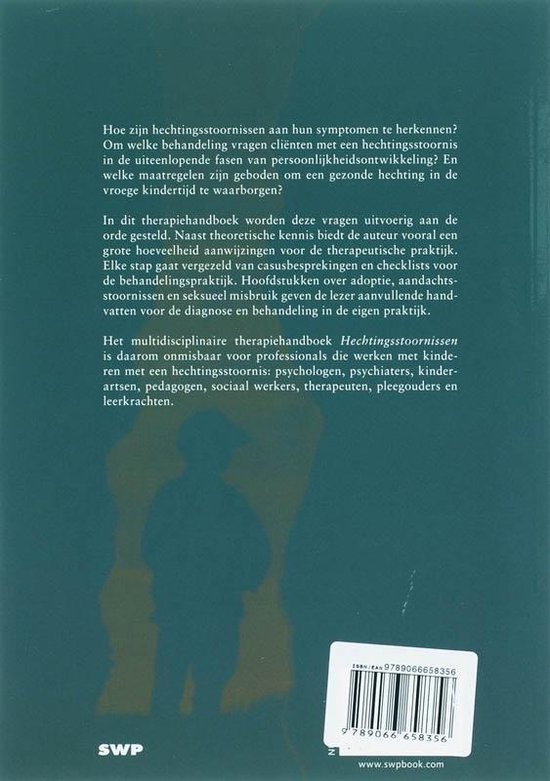Achterkant van een boek 'Hechtingsstoornissen', met Nederlandse tekst en ISBN.