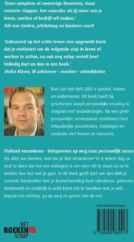 Achterflap van een boek met een portretfoto van Bart van den Belt en tekst over het boek.