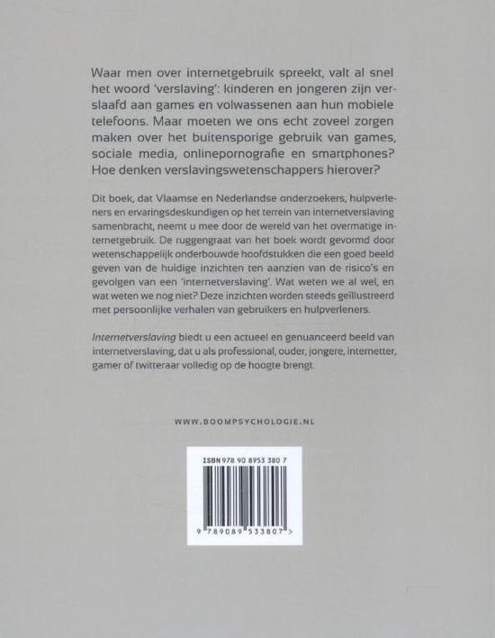 Achterkant boek met tekst over internetverslaving door Vlaamse en Nederlandse onderzoekers.