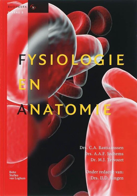 Boekomslag met rode bloedcellen en de titel 'Fysiologie en Anatomie' in gele letters.