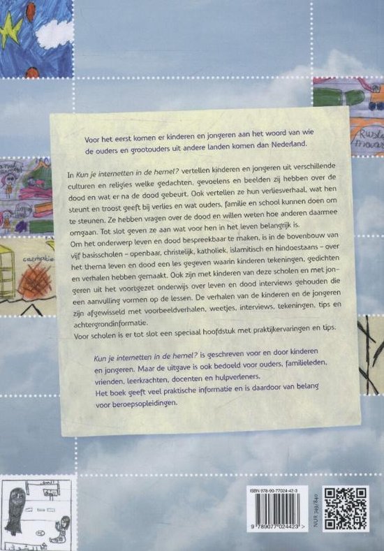 Achterkant van een boek met tekst en kindertekeningen.