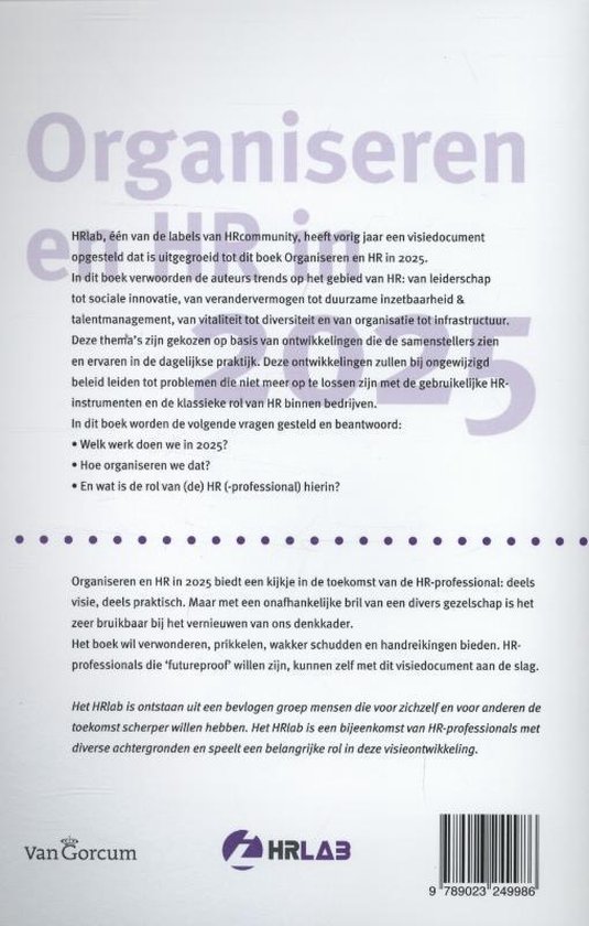 Boekomslag met de titel 'Organiseren en HR in 2025' in paarse letters. Tekst over de inhoud en het doel van het boek.