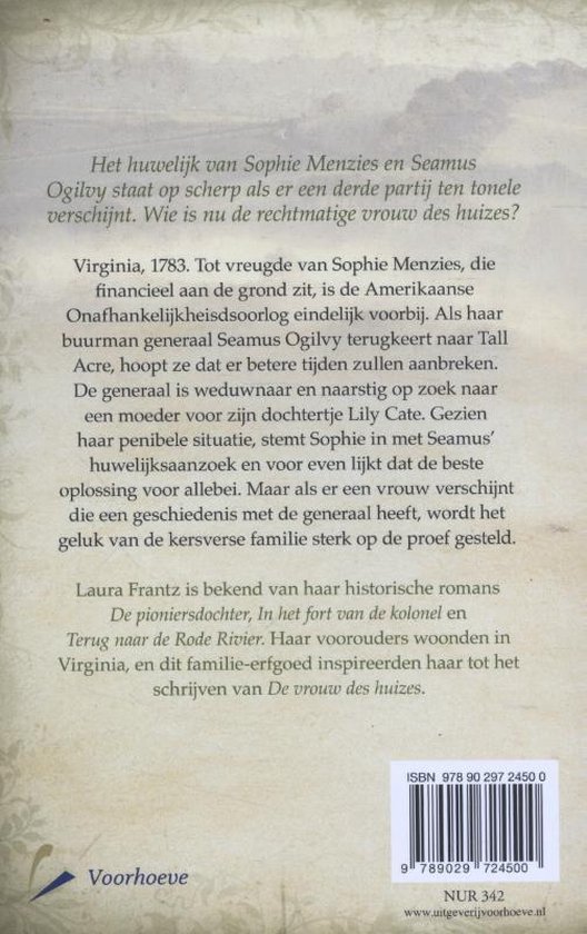 Achterkant van het boek 'De vrouw des huizes' van Laura Frantz, met tekst en ISBN-nummer.