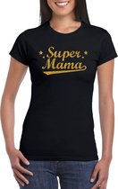 Super mama cadeau t-shirt met gouden glitters op zwart voor dames S
