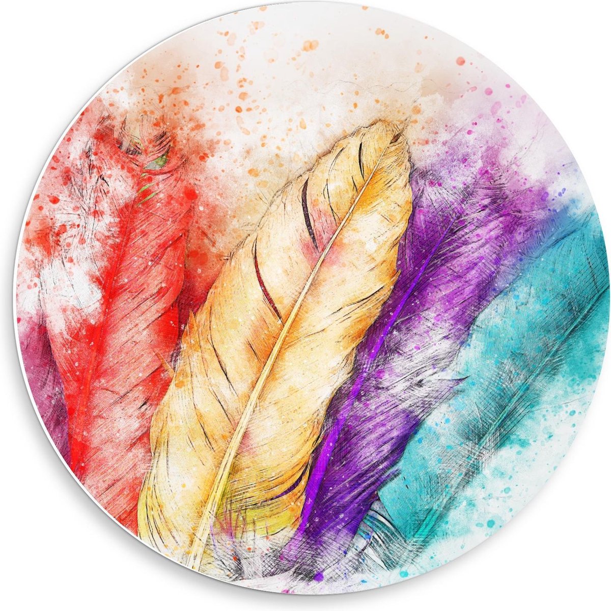 KuijsFotoprint Forex Wandcirkel - Schildering van Gekleurde Veren op Witte Achtergrond - 50x50cm Foto op Wandcirkel (met ophangsysteem) Rood
