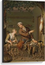 Canvas  - Oude meesters - De poelier, Willem van Mieris, 1733 - 60x90cm Foto op Canvas Schilderij (Wanddecoratie op Canvas)