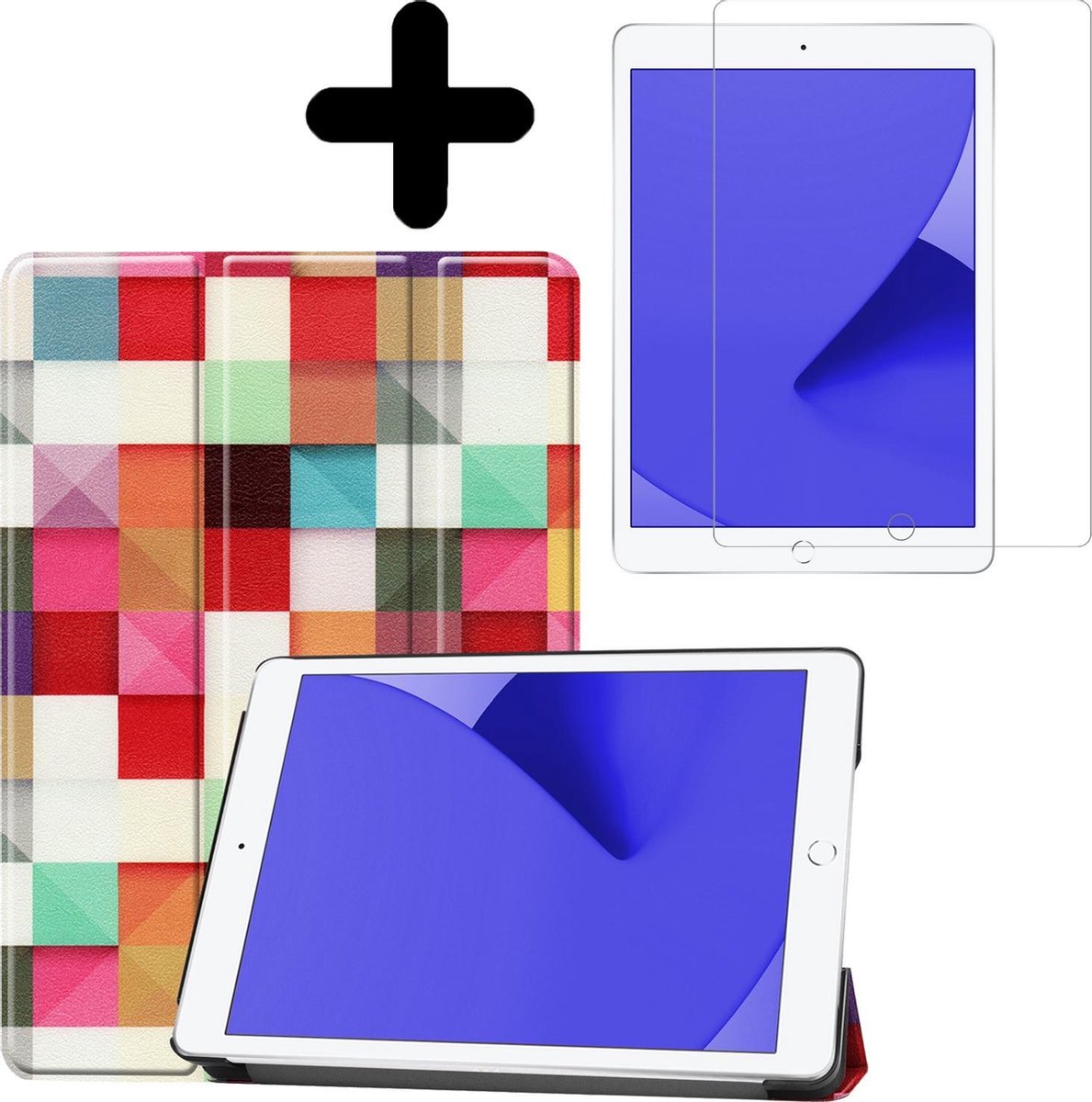 Hoes - Geschikt voor Apple iPad 7/8 (2019/2020) - 10.2 inch - 7e/8e Generatie - Met Screenprotector - Trifold Bookcase - Hard Cover - Hardcover Book Case - Tablet Hoesje - Blokken
