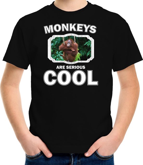 Dieren apen t-shirt zwart kinderen - monkeys are serious cool shirt  jongens/ meisjes - cadeau shirt orangoetan/ apen liefhebber - kinderkleding / kleding 122/128