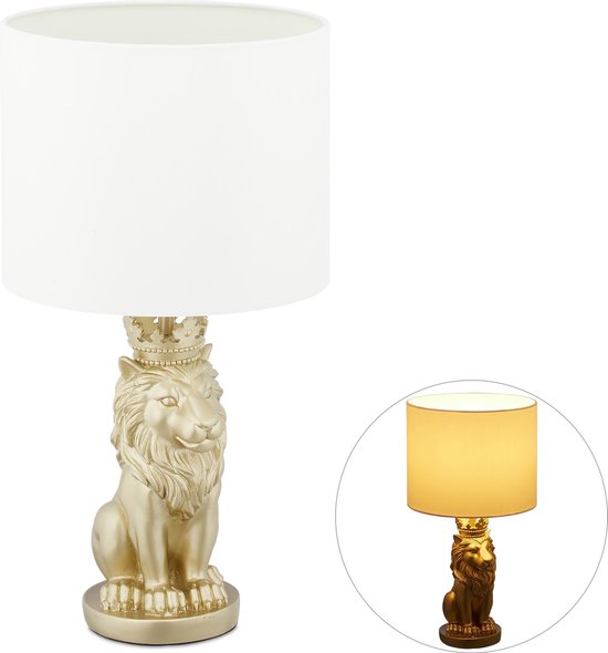 Relaxdays tafellamp leeuw - nachtlamp wit - lamp E27 fitting - bedlamp -  design - goud | bol.com