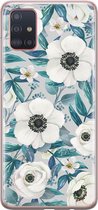 Samsung Galaxy A71 hoesje siliconen - Witte bloemen - Soft Case Telefoonhoesje - Bloemen - Blauw