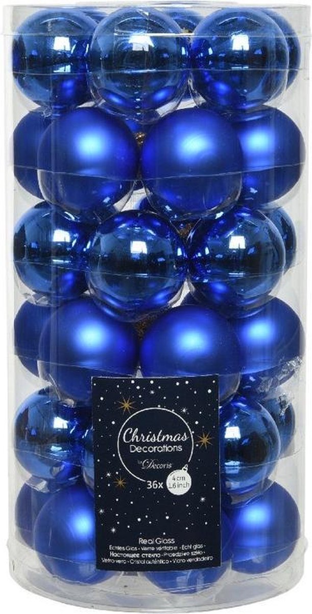 36x Kobalt blauwe kleine glazen kerstballen 4 cm mat en glans - Kerstversiering/boomversiering kobalt blauw - Decoris