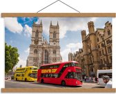 Schoolplaat – Rode/Gele Bus Londen - 60x40cm Foto op Textielposter (Wanddecoratie op Schoolplaat)