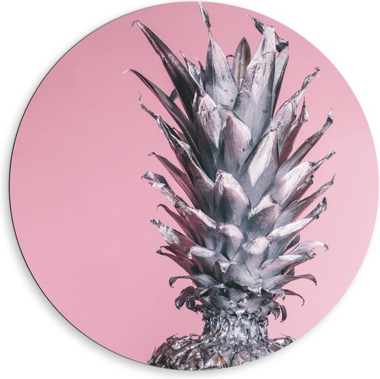 Dibond Wandcirkel - Zilveren Ananas op Roze Achtergrond - 80x80cm Foto op Aluminium Wandcirkel (met ophangsysteem)