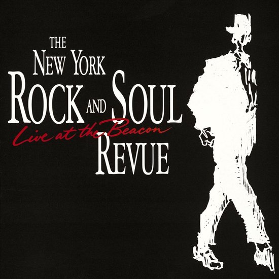 The New York Rock and Soul Revue Live at the Beacon, witte schets van een lopende man met hoed op zwarte achtergrond.