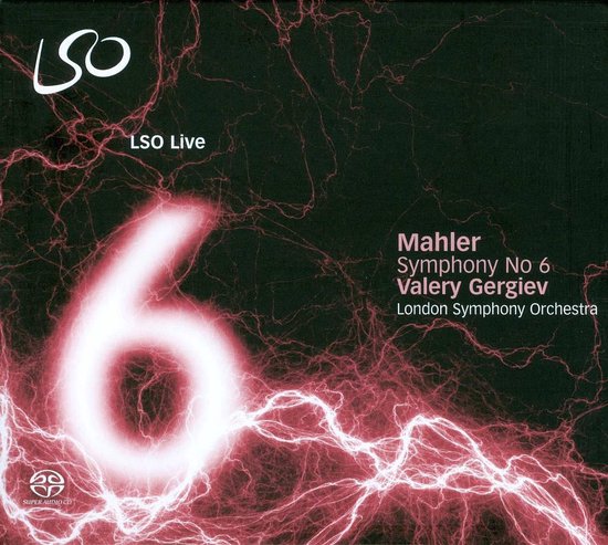 CD-hoes met een grote verlichte '6' op een rood abstracte achtergrond met bliksem, tekst voor Mahler Symfonie nr. 6.