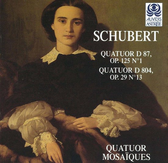Albumhoes met schilderij van een vrouw met een hoge kraag en kanten manchetten. "SCHUBERT QUATUOR D 87, OP. 125 N°1 QUATUOR D 804, OP. 29 N°13 QUATUOR MOSAÏQUES"