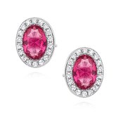 Joy|S - Zilveren chique ovale oorbellen zirkonia robijn roze gehodineerd