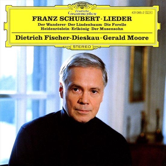 Portret van Dietrich Fischer-Dieskau, gezongen in het zwart, met gele tekst: Franz Schubert Lieder.