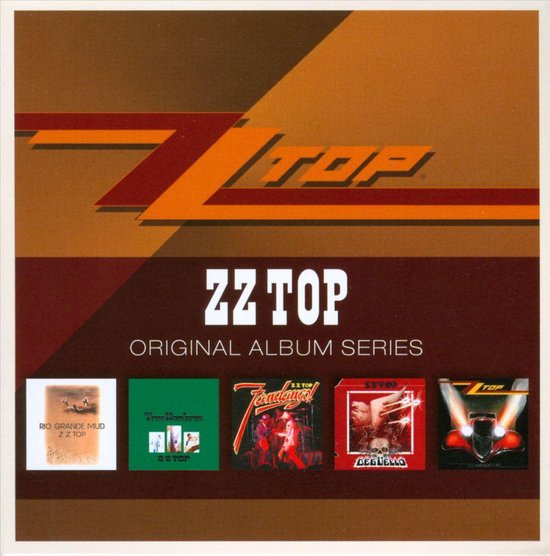 De ZZ Top Original Album Series CD-hoes toont het ZZ Top-logo bovenaan, met daaronder vijf kleine albumhoezen: Rio Grande Mud, Tres Hombres, Fandango!, Degüello en Eliminator.