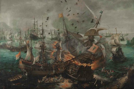 Slag bij Gibraltar in 1607 op Textiel in zwart Frame - WallCatcher | Liggend 150 x 100 cm | Cornelis Claesz. van Wieringen | Ware Meester aan de muur!