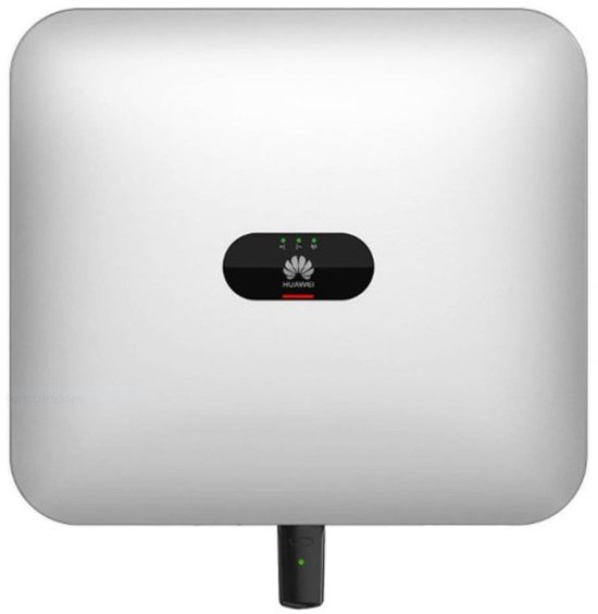Witte hybride omvormer met zwart logo en groene LED-indicatoren.
