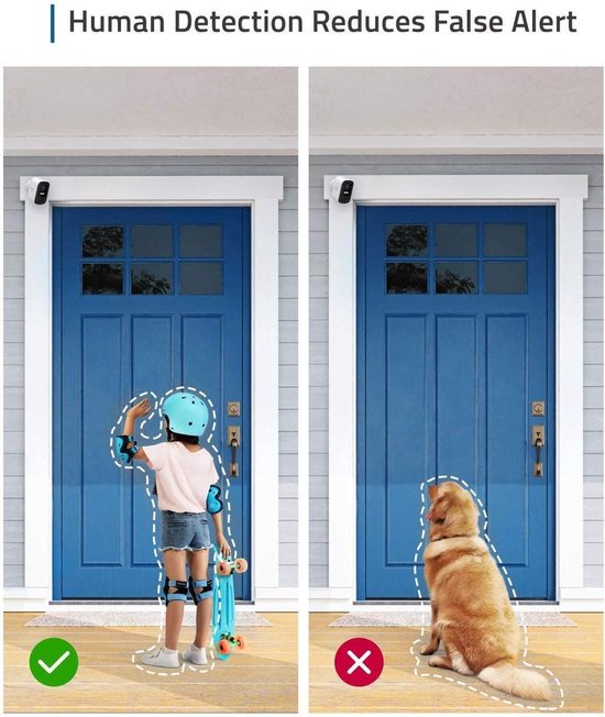 Twee deuren, links een kind op skateboard, rechts een hond. Mensdetectie.
