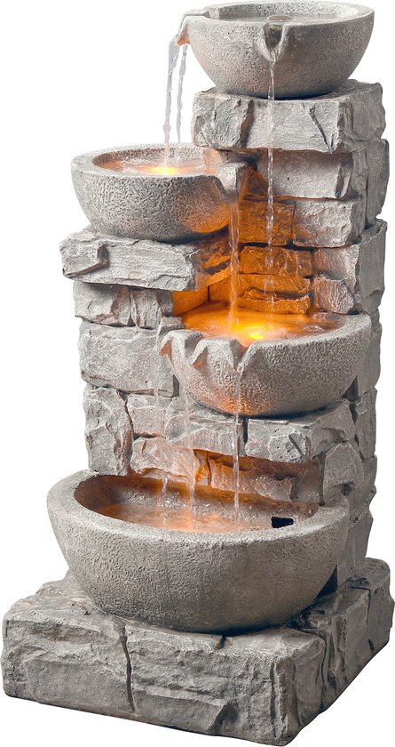 Teamson Home Tuin Water Fontein Met Lichten - Waterornament - 4-Laags Cascadeontwerp - Tuindecoratie - Grijs