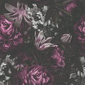 Bloemen behang Profhome 385094-GU vliesbehang hardvinyl warmdruk in reliëf glad met bloemen patroon mat purper zwart roze grijs 5,33 m2