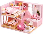 3D Roze Huisje met Led-verlichting Puzzel voor Volwassenen, Houten Modelbouwset, Cadeau voor Verjaardag Kerstmis