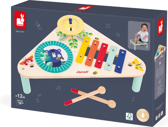 Janod Gioia - Houten Muziektafel - Bestaat Uit 3 Instrumenten: Een Trommel, Een Cimbaal En Een Metalen Xylofoon Met Vijf Tonen - Geschikt Vanaf 1 Jaar van Janod — afbeelding 5