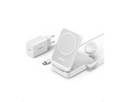 Anker MagGo 3-in-1 Draadloos Oplaadstation – 15W Wireless Charger – Qi2-gecertificeerd – Voor telefoons, smartwatches en oordopjes – Inklapbaar en Compact Ontwerp – Inclusief 40W USB-C Adapter – Wit